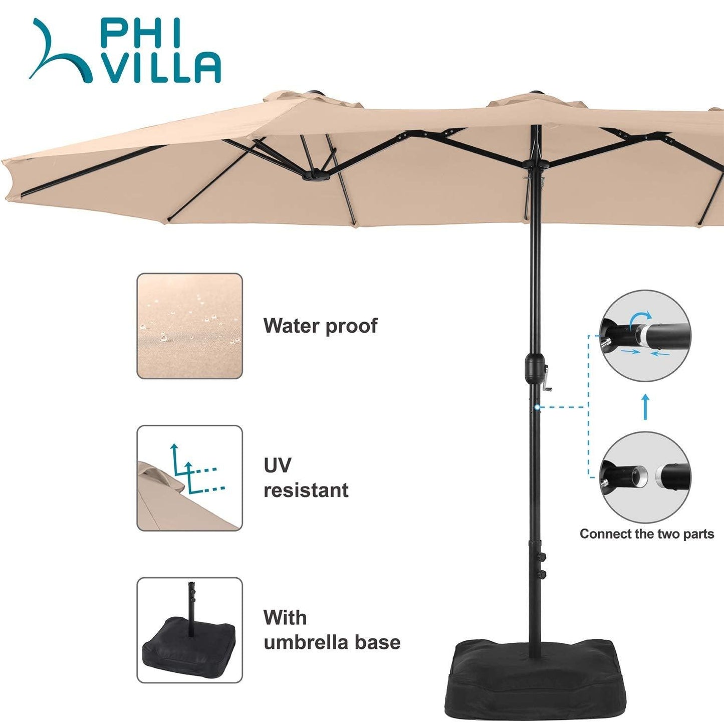 PHI VILLA 15ft Large Patio Umbrellas with Base Included, Outdoor Double-Sided Rectangle Market Umbrella with Crank Handle, for Poolside Lawn Garden, Beige - CookCave