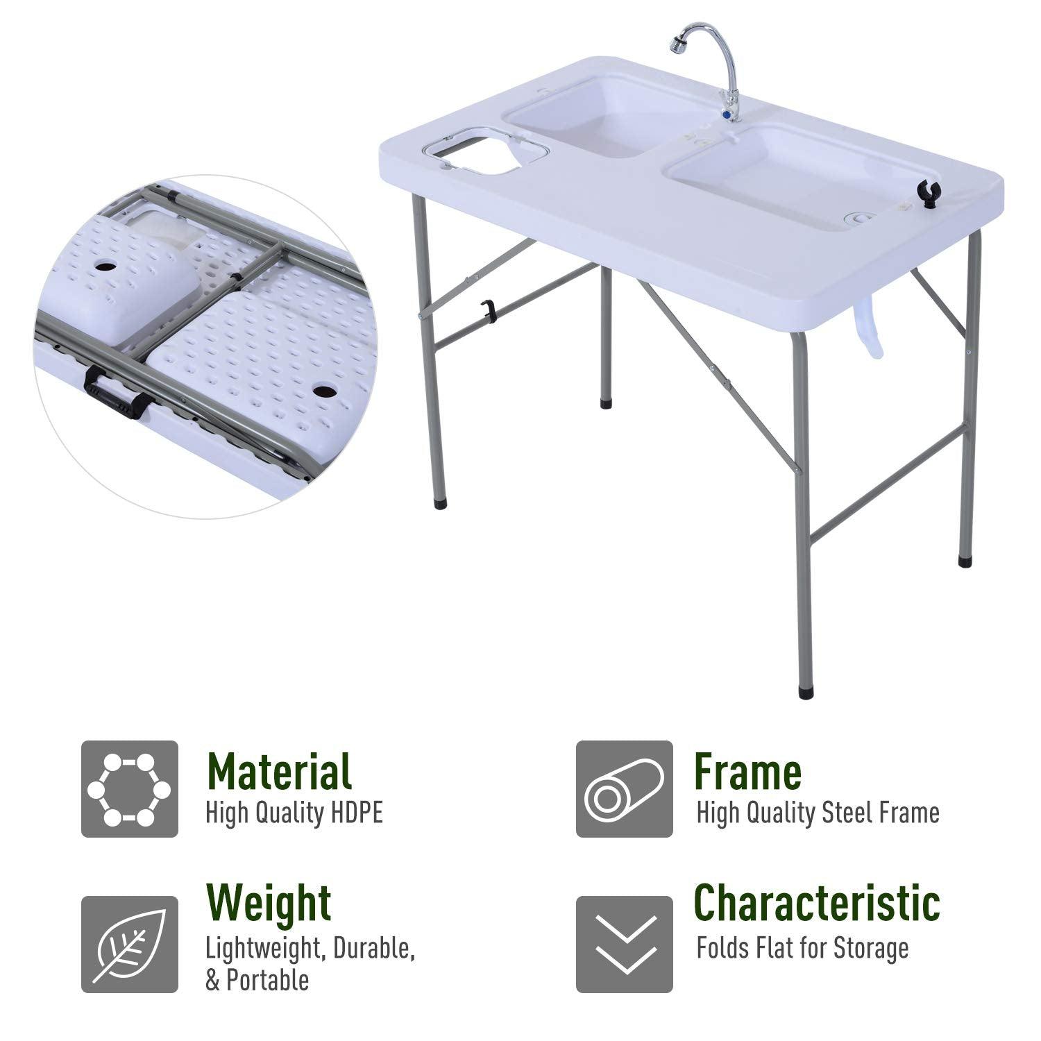 Outsunny Folding Camping Table with Faucet and Dual Water Basins, Outdoor Fish Table Sink Station, for Picnic, Fishing, 40'' - CookCave