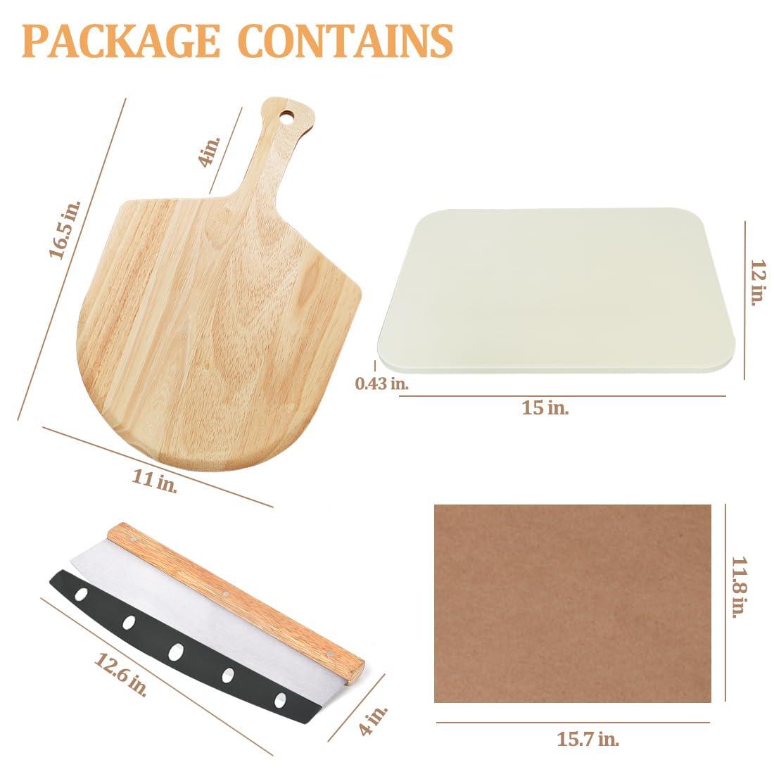 4PCS Large Pizza Stone Set for Oven and Grill, 15" Rectangle Cordierite Stone with Pizza Peel(OAK) & Pizza Cutter & 20pcs Cooking Paper, Baking Stone for Pizza and Bread - CookCave