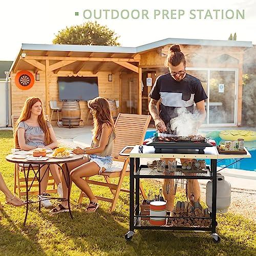 LUE BONA 43.3"W x 19.7"D Outdoor Grill Cart Table with Foldable Side Table, Movable Pizza Oven Stand for Outside Patio, Three-Shelf Stainless Steel Flattop Outdoor Cooking Prep Table with Wheels - CookCave