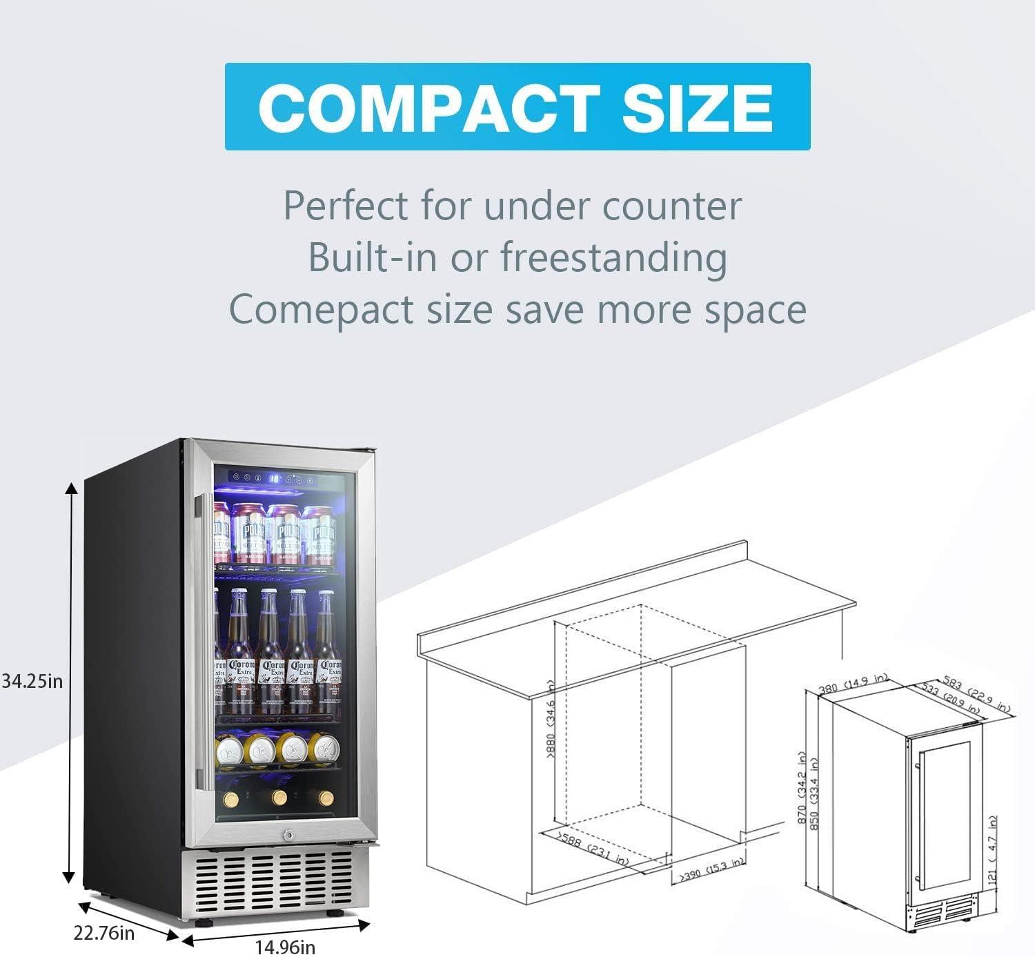 Antarctic Star 15 Inch Beverage Refrigerator Under Counter Built-in Wine Cooler Mini Fridge Clear Glass Door Digital Memory Temperature Control, Beer Soda LED Light, Quiet Operation (15 Inch) - CookCave