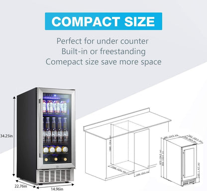 Antarctic Star 15 Inch Beverage Refrigerator Under Counter Built-in Wine Cooler Mini Fridge Clear Glass Door Digital Memory Temperature Control, Beer Soda LED Light, Quiet Operation (15 Inch) - CookCave