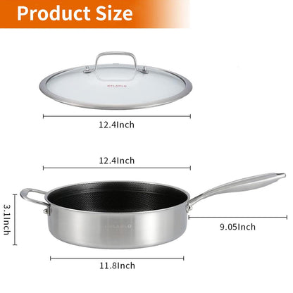 DELARLO Tri-Ply Stainless Steel 12 Inch Deep Frying Pan 6 QT Saute Pan Nonstick, Induction Compatible Chef Cooking Pan, Sauté Pan with lid, Dishwasher & Oven Safe - CookCave