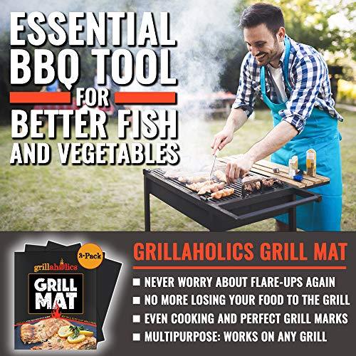 Grillaholics Grill Mat - Set of 3 Heavy Duty BBQ Grill Mats - Non Stick, Reusable and Dishwasher Safe Barbecue Grilling Accessories - Lifetime Manufacturers Warranty - CookCave