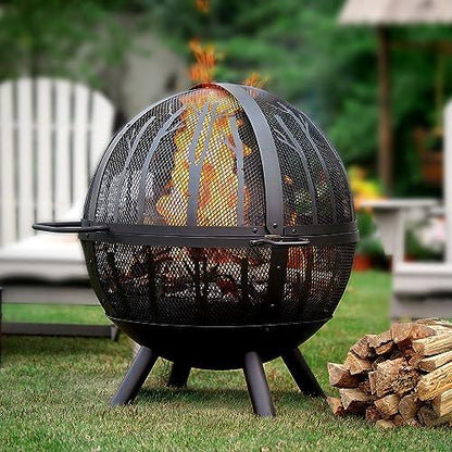 Fissfire 35 Inch Fire Pit Sphere, Outdoor Wood Burning Flaming Ball FirePit with Pivot Spark Screen, Backyard Patio Camping Beach Bonfire Pit - CookCave