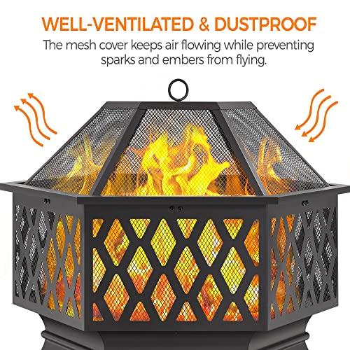 Yaheetech 26in Fire Pits for Outside Hex Shaped Fire Pit Wood Fire Pit Outdoor Fireplace for Bonfire Patio Picnic BBQ, with Spark Cover, Fire Poker - CookCave