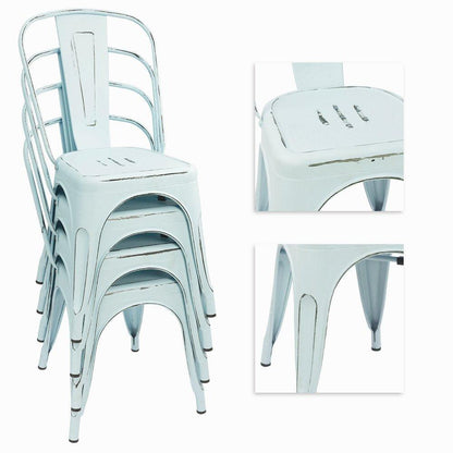 Devoko Metal Indoor-Outdoor Chairs Distressed Style Kitchen Dining Chairs Stackable Side Chairs with Back Set of 4 (Blue) - CookCave