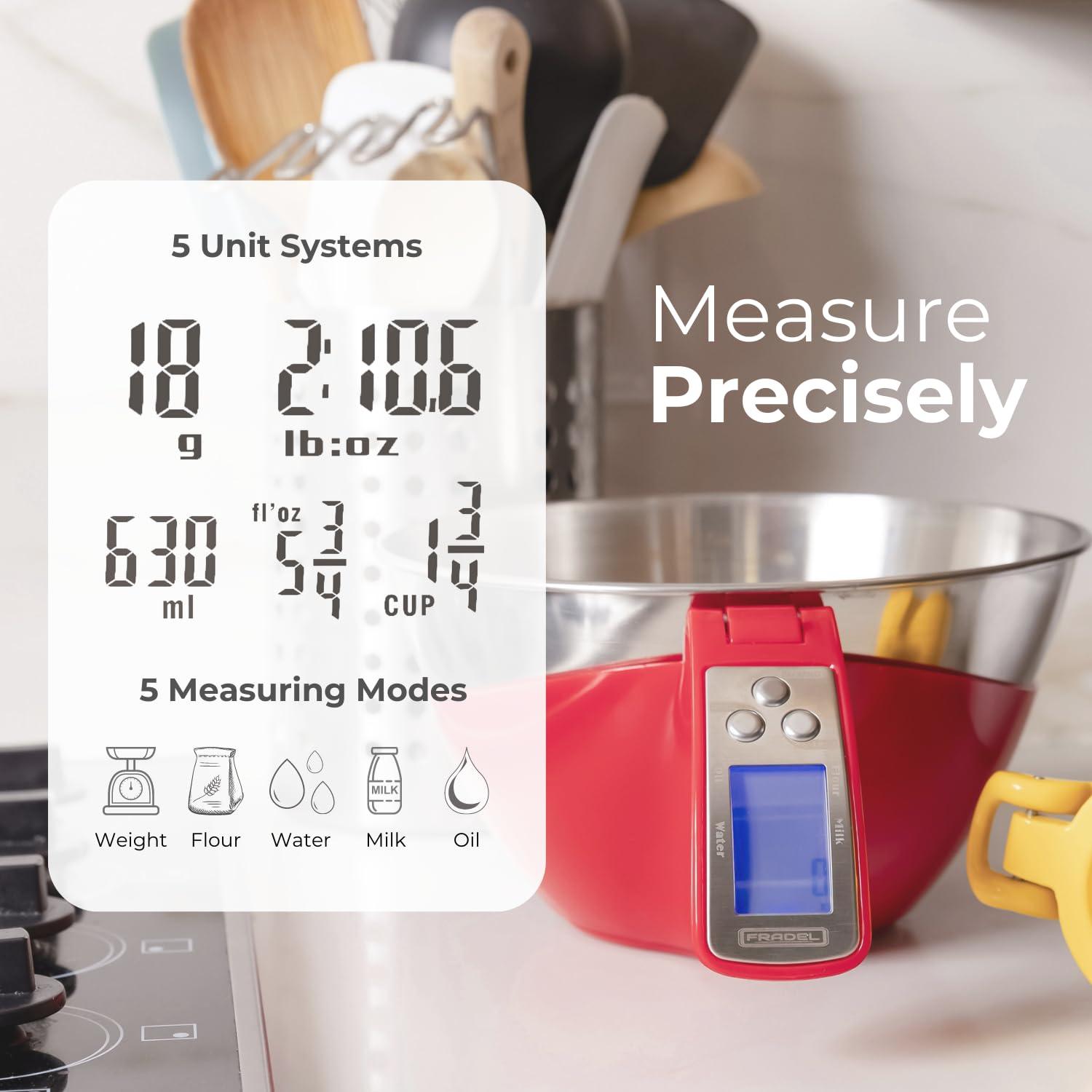 Fradel Digital Kitchen Food Scale with Bowl (Removable) and Measuring Cup - Stainless Steel, Backlight, 11lbs Capacity - Cooking, Baking, Gym, Diet - Precise Measuring (Red) - CookCave