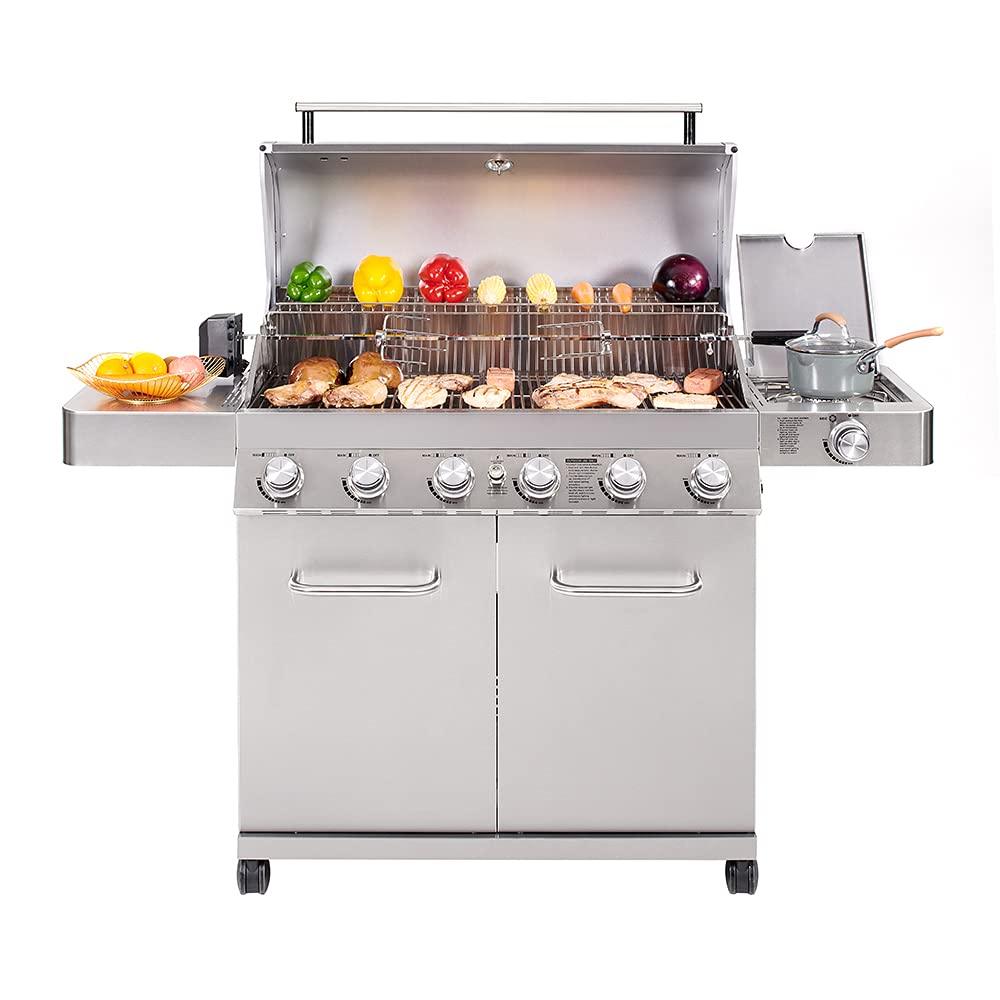 Monument Grills 77352 6-Burner Stainless Steel Cabinet Style Propane Gas Grill with LED Controls, Side Burner, Built in Thermometer, and Rotisserie Kit - CookCave