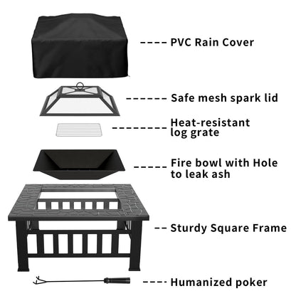 Greesum Multifunctional Patio Fire Pit Table, 32in Square Metal BBQ Firepit Stove Backyard Garden Fireplace with Spark Screen Lid and Rain Cover for Camping, Outdoor Heating, Bonfire, Dark Black - CookCave