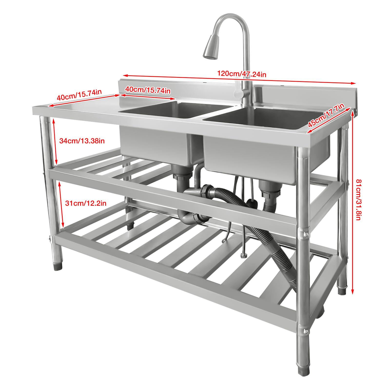 DuyviSteil Commercial Restaurant Sink Stainless Steel Utility Sink Free-standing Kitchen Sink, Freestanding Outdoor Sink with Pull-Out Faucet(Double Bowl) - CookCave