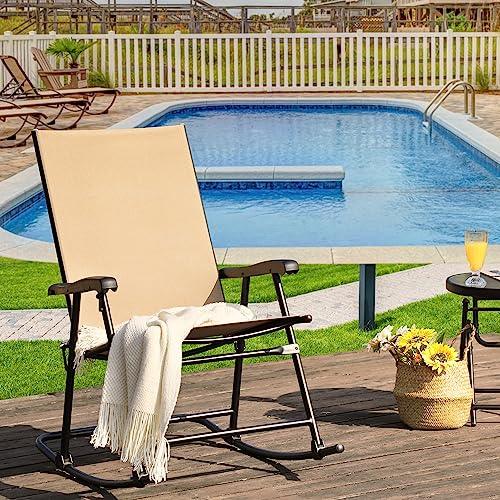 NATURAL EXPRESSIONS Folding Patio Rocking Chairs,Outdoor Oversized Textilene Fabric Rocker with High Back Hard Armrest,Portable Rocking Chair for Garden, Backyard, Porch, 300lb - CookCave