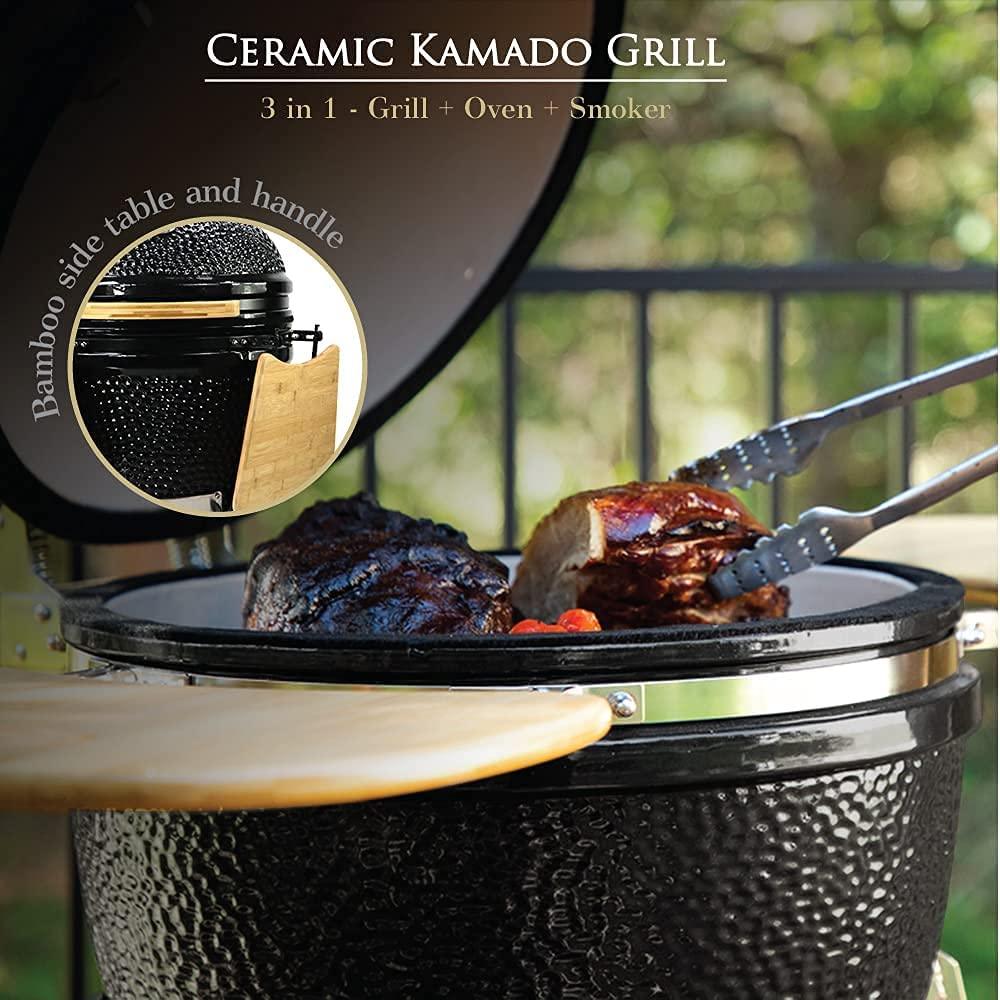 Humos - 23” ExtraLarge Ceramic Kamado, Grill Cooker + Oven + Smoker (With Trolley, Wheels and Cast Iron Vent) Cooking Area 305 Sq Inches, Black - CookCave