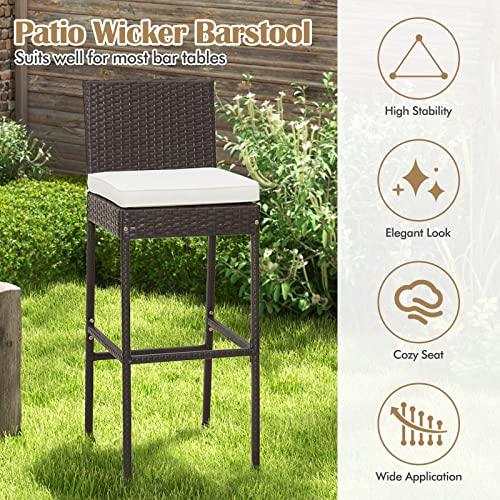 Tangkula Set of 2 Patio Wicker Barstools, Outdoor Bar Height Chair w/Soft Seat Cushion & Cozy Footrest, Heavy-Duty Metal Frame, 400 lbs Max Load, Mix Brown Rattan Bar Chair for Backyard, Balcony - CookCave