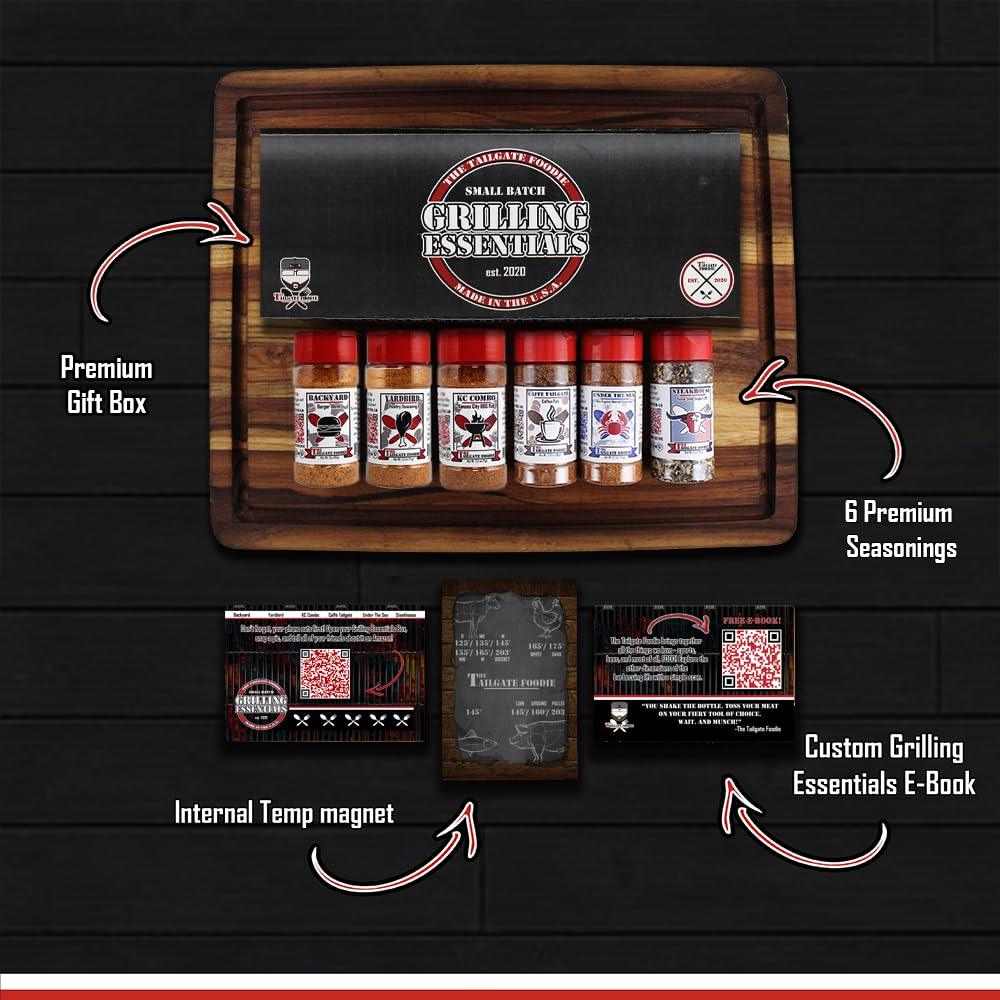 THE TAILGATE FOODIE 8pc Grill Essentials Gift Set with 6 Secret BBQ Seasonings for Ribs, Pork, Brisket, Chicken, Fish, Steak - CookCave