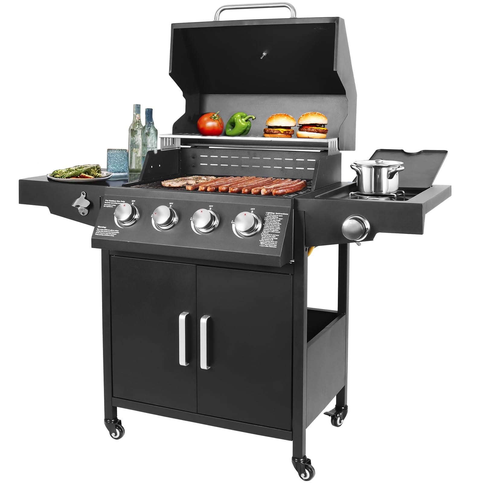 Propane Gas Grill Steel Grill Cart with 4 Burners, Side Burner, Side Table Outdoor Cooking Barbecue Grill - CookCave