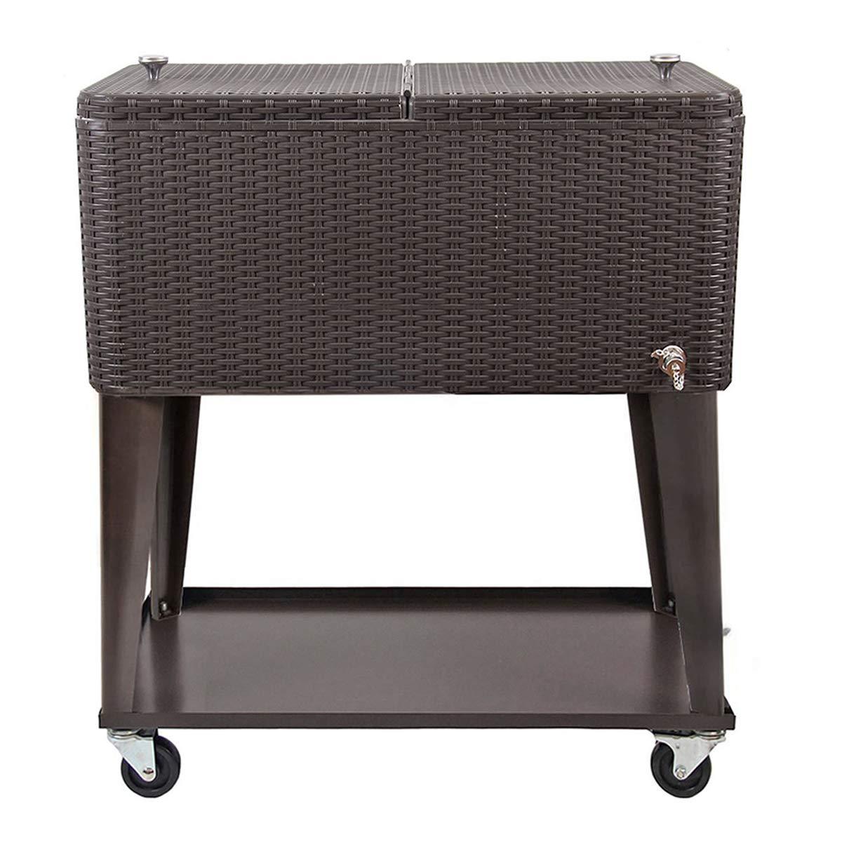 80 Quart Qt Rolling Cooler Ice Chest Cart for Outdoor Patio Deck Party, Dark Brown Wicker Faux Rattan Tub Trolley, Portable Backyard Party Drink Beverage Bar, Wheels with Shelf & Bottle Opener - CookCave