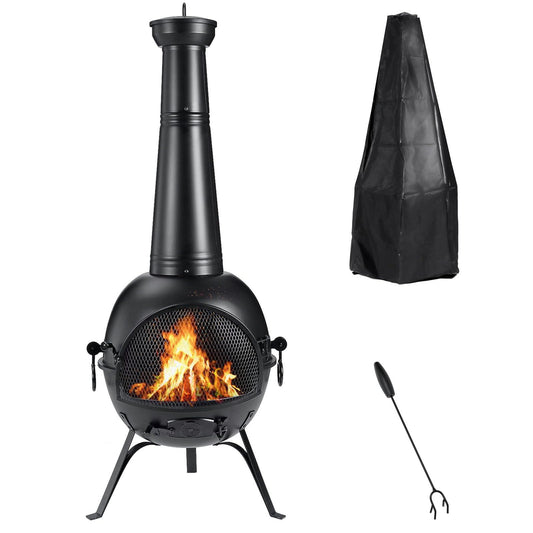 SINGLYFIRE Prairie Fire Outdoor Chiminea Fireplace Deck or Patio Backyard Wooden Fire Pit with Chiminea Cover Rust-Free Iron Black - CookCave