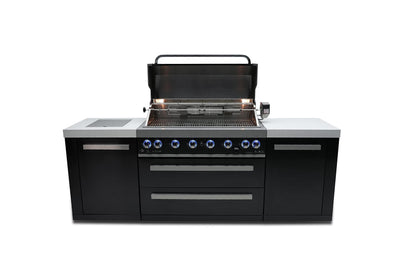 Mont Alpi MAi805-BSS 44-inch 6-Burner 115000 BTU Deluxe Black Stainless Steel Outdoor Kitchen Gas Island Grill w/Infrared Side Burner & Rotisserie Kit Granite Countertop + Storage & Weather Cover - CookCave