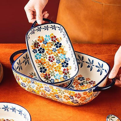 ONECCI Retro pastoral style Ceramic Baking Dish Rectangular Bakeware Set Baking Pan, 2-piece Hand-painted Porcelain Baking pan with handle, Casserole Dish for Oven/Cooking/Kitchen (Colorful Flower) - CookCave