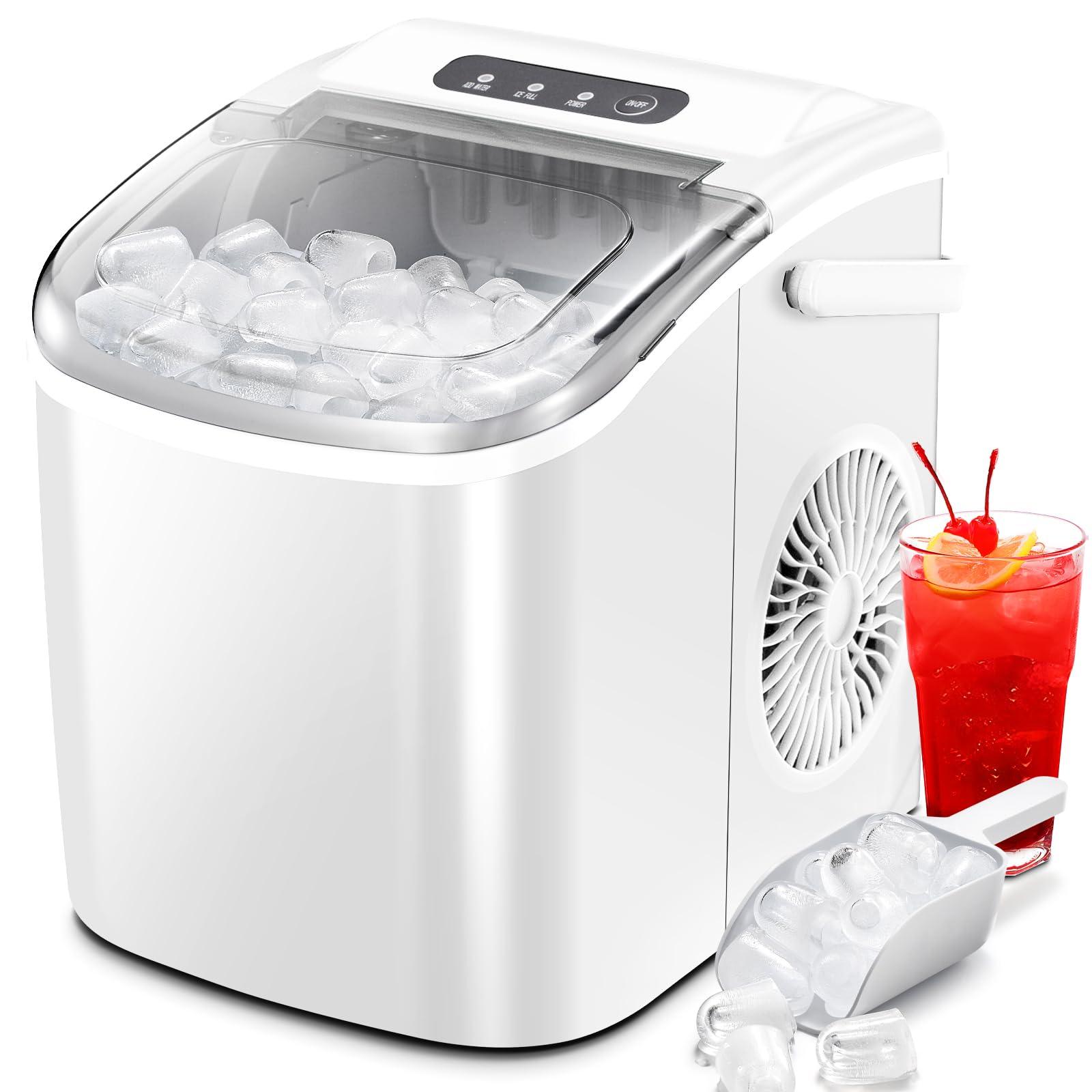 Ice Makers Countertop with Self-Cleaning, 26.5Lbs/24Hrs, 9 Cubes Ice Ready in 6 Mins, Portable Ice Maker with Ice Scoop/Basket for Home/Kitchen/Office/Bar, White(with Handle) - CookCave