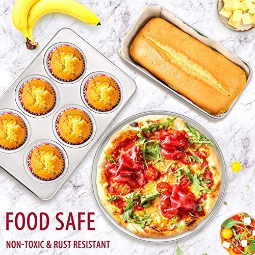 E-far 12-Piece Stainless Steel Bakeware Sets, Metal Baking Pan Set Include Round Cake Pans, Square/Rectangle Baking Pans with Lids, Cookie Sheet, Loaf/Muffin/Pizza Pan, Non-toxic & Dishwasher Safe - CookCave