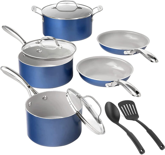 Granitestone Blue 10 Piece Nonstick Cookware Set - Pots, Pans, and Kitchen Sets - Ceramic, Dishwasher Safe - CookCave