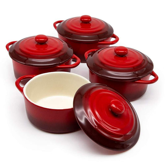 Kook Ceramic Mini Cocotte Set, Small Casserole Dishes with Lids and Handles, Individual Baking Ramekins, Oven, Microwave & Dishwasher Safe, Stoneware, 12 oz, Set of 4 - CookCave