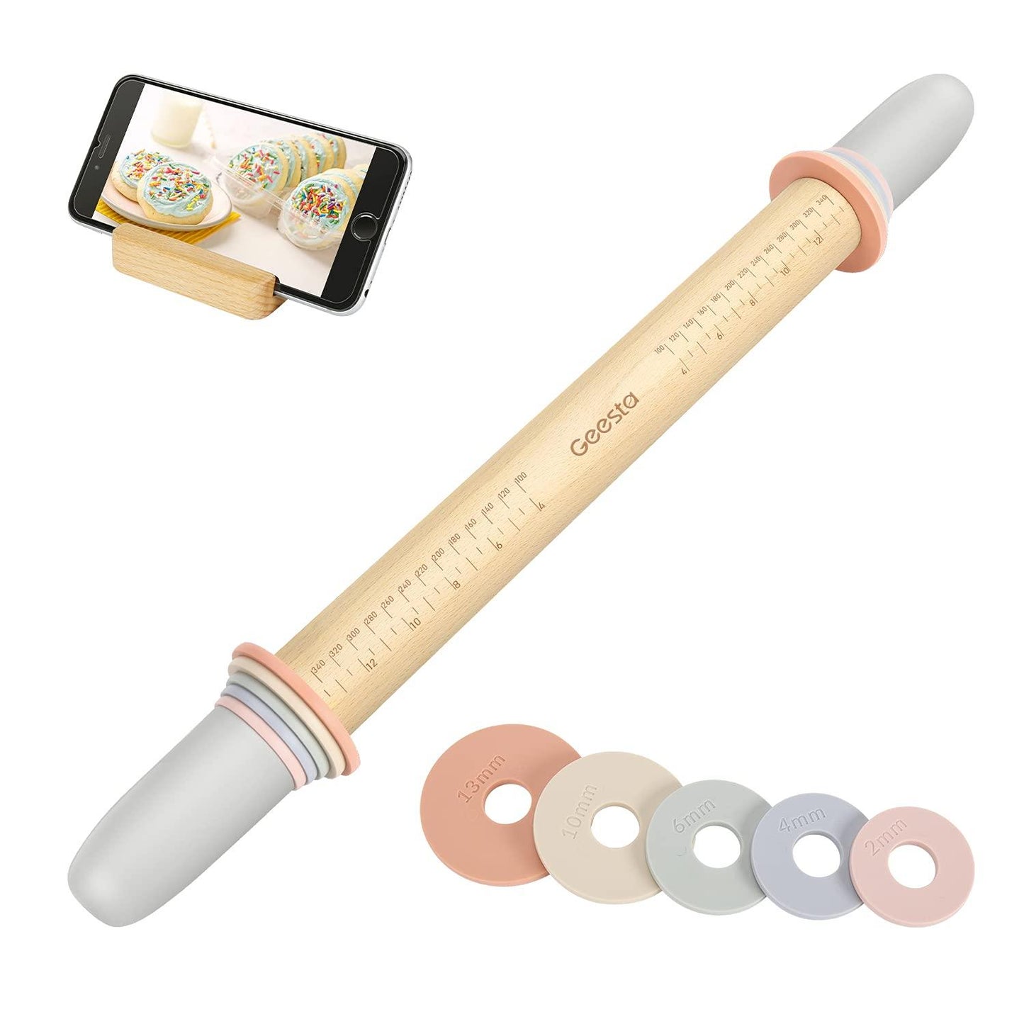 Geesta Adjustable Wood Rolling Pin with 5 Thickness Rings, Precise Dough Roller Handle Press Design with Measurement Guide for Fondant, Pizza, Pie Crust, Cookie, Pastry Baking Decorating Accessories - CookCave