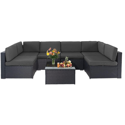 Crownland 7-Piece Outdoor Patio Furniture Sets, All-Weather Black Wicker Rattan Sectional Sofa, Modern Glass Coffee Table and Washable Seat Cushion with YKK Zipper (Grey) - CookCave