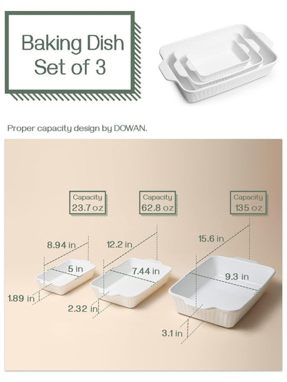 DOWAN Casserole Dishes for Oven, Ceramic Baking Dishes for Oven Set of 3, Lasagna Pan Deep, Baking Pan Set Rectangular Casserole Dish Set with Handles for Baking, White (15.6''/12.2''/8.9'') - CookCave