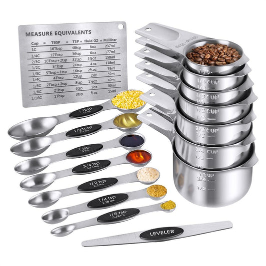 Measuring Cups Set and Magnetic Measuring Spoons Set,QtoiKce 18/8 Stainless Steel 7 Measure Cups and 7 Magnetic Measure Spoons,1 Leveler & 1 Conversion Chart for Dry and Liquid Ingredient - CookCave