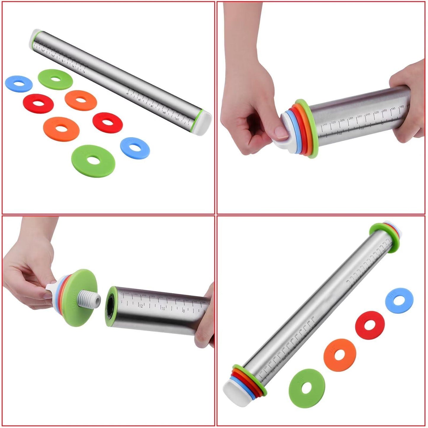 Stainless Steel Rolling Pin and Silicone Mat Set, Adjustable Thickness Rings - For Baking Dough, Pizza, Pies, Pastries, Pasta, Cookies - CookCave