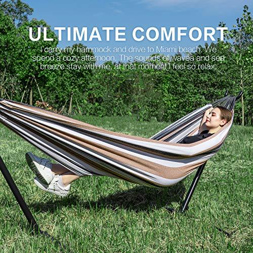 PNAEUT Double Hammock with Space Saving Steel Stand Included 2 Person Heavy Duty Outside Garden Yard Outdoor 450lb Capacity 2 People Standing Hammocks and Portable Carrying Bag (Coffee) - CookCave