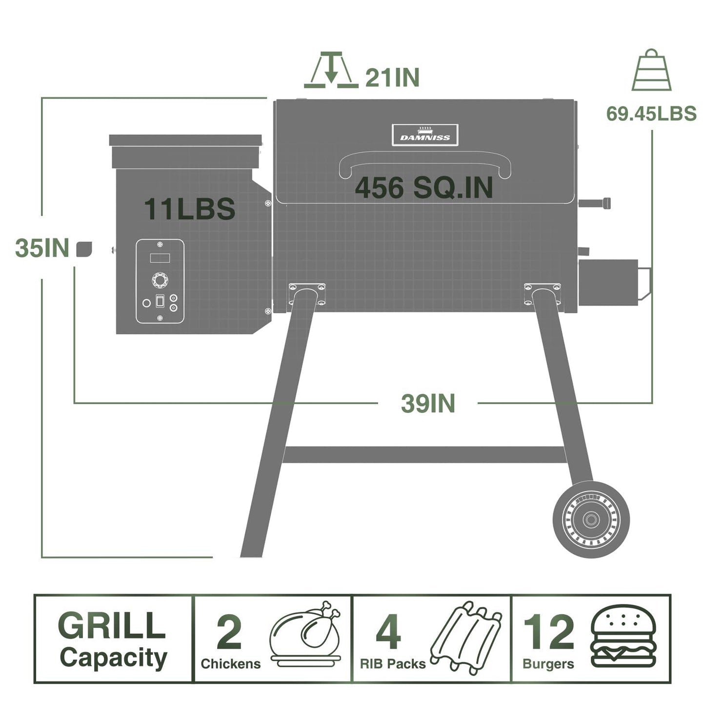 DAMNISS Wood Pellet Grill & Smoker 8-in-1 Pellet Grill with Automatic Temperature Control, & Rain Cover 456 sq in Area for Backyard Camping Outdoor - CookCave