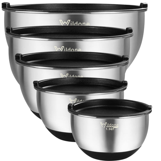 Wildone Mixing Bowls with Airtight Lids, Stainless Steel Nesting Mixing Bowls Set of 5, with Non-slip Silicone Bottoms, Size 8, 5, 3, 2, 1.5 QT, Stackable Design, Great for Mixing and Prepping - CookCave