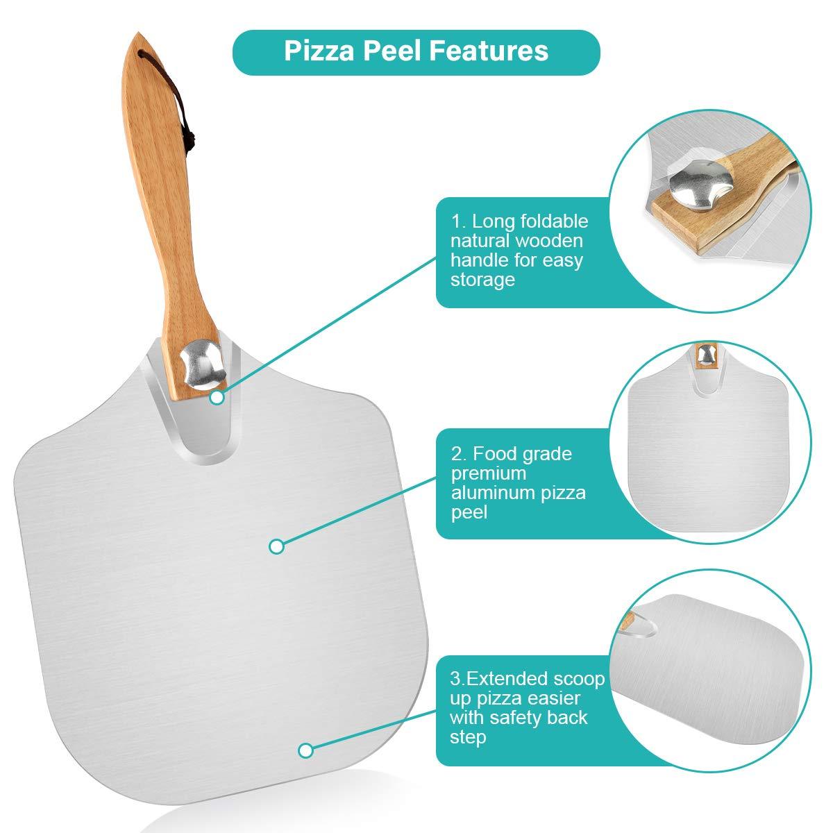 7PCS Foldable Pizza Peel Pizza Pan Set,12" x 14" Aluminum Metal Pizza Paddle with Wooden Handle, Rocker Cutter, Server Set, Baking Oven Mitts, Oil Brushes, Homemade Pizza Oven Accessories - CookCave