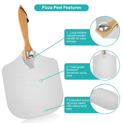 7PCS Foldable Pizza Peel Pizza Pan Set,12" x 14" Aluminum Metal Pizza Paddle with Wooden Handle, Rocker Cutter, Server Set, Baking Oven Mitts, Oil Brushes, Homemade Pizza Oven Accessories - CookCave