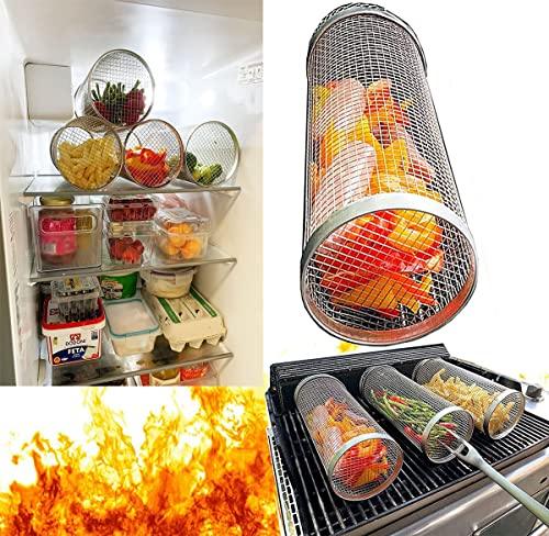 Rolling Grilling Basket - Rolling Grilling Basket for Outdoor Grilling, Round Stainless Steel Grilling Mesh, Camping Grill for Grilling Meat, Vegetables, Chips, Fish - Multipurpose Grilling Mesh - CookCave