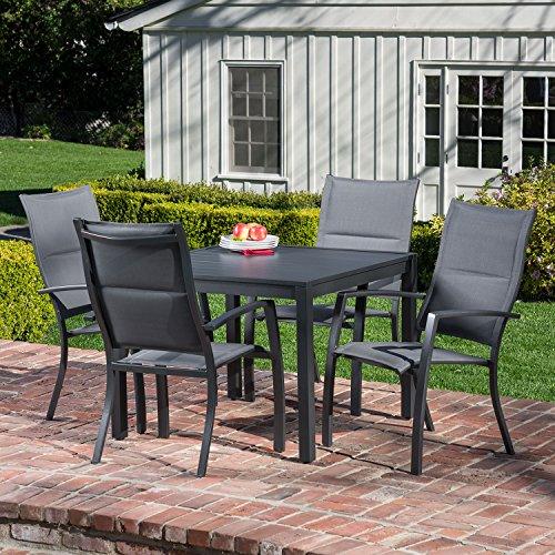 Hanover Naples 5-Piece Outdoor Dining Set with 38'' Rust-Free Aluminum Square Dining Table with 4 Grey Stackable Sling Chairs, Modern Space Saving All-Weather Outdoor Patio Furniture for Backyard - CookCave