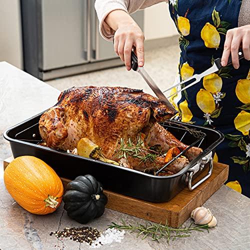 Moss & Stone Carbon Steel Roaster Pan With “V” Shape Removable Roasting Rack Set, 16.5 Inch Rectangular Nonstick Roasting Pan, Turkey Roaster Pan Rack With Carving Fork & Chef Knife - CookCave