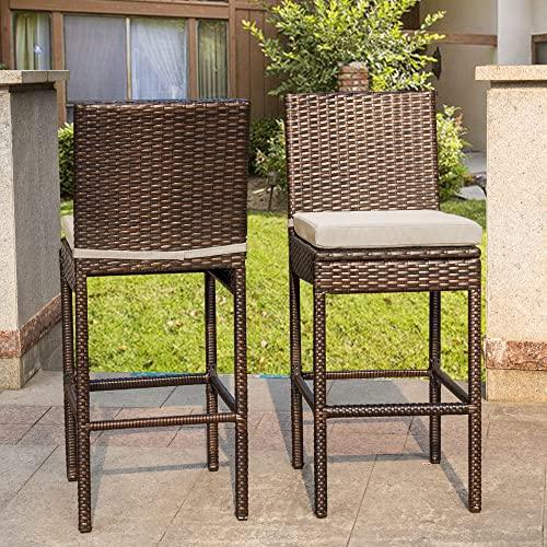 Sundale Outdoor Bar Stools 30 Inch Seat Height Set of 2, Patio Wicker Counter Stools with Back Rest, High Brown Rattan Chair with Pillow & Beige Cushion, All-Weather Armless Tall Pub Barstool - CookCave