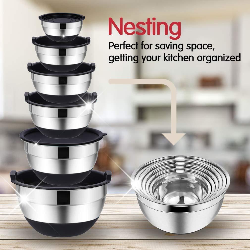 Mixing Bowls Set with Airtight Lids, 20PCS Stainless Steel, Nesting Bowls with 3 Grater Attachments & Non-Slip Bottoms, Size7, 4, 3, 2, 1.5, 1QT Bowls for Baking&Prepping - CookCave