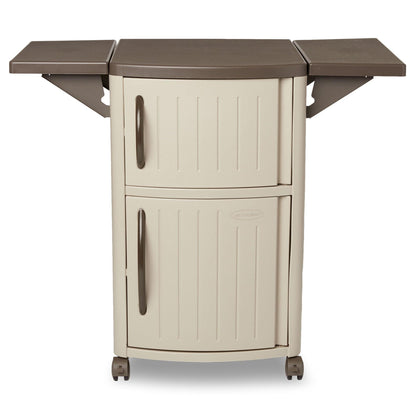 Suncast DCP2000 Portable Outdoor Patio Backyard Grilling Entertainment Serving Prep Station Table with Cabinet Storage and Drop Leaf Extensions, Beige - CookCave