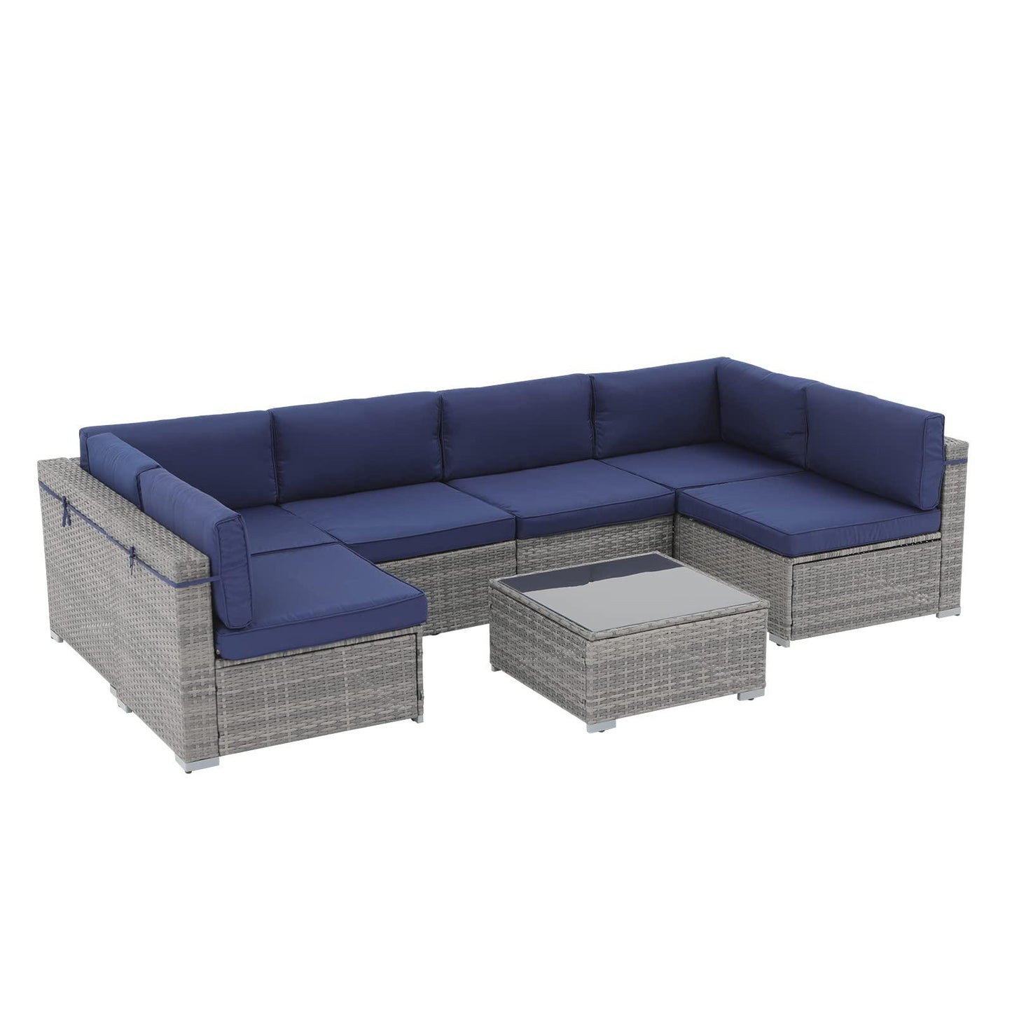 Patiorama 7 Pieces Outdoor Patio Furniture Set, All Weather Grey PE Wicker Rattan Sectional Conversation Set, Porch Garden W/Built-in Glass Table, Seat Clips, Navy Blue Cushions - CookCave