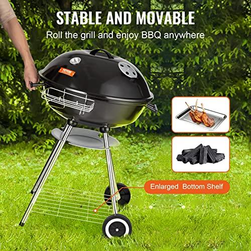 VEVOR 22 inch Charcoal Grill, Portable Charcoal Grill with Wheels for Outdoor, Porcelain-Enameled Lid and Ash Catcher & Thermometer, Round Barbecue Kettle Grill Bowl Wheels for Small Patio Backyard - CookCave