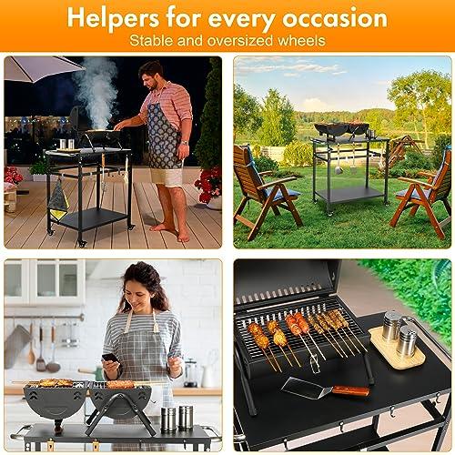 Outdoor Grill Table with Storage for Patio,Double-Shelf Movable Kitchen Cart Island Table on Wheels,20" x 30" Multifunctional Commercial Kitchen BBQ Food Prep Worktable for Grill (Double Layer Black) - CookCave