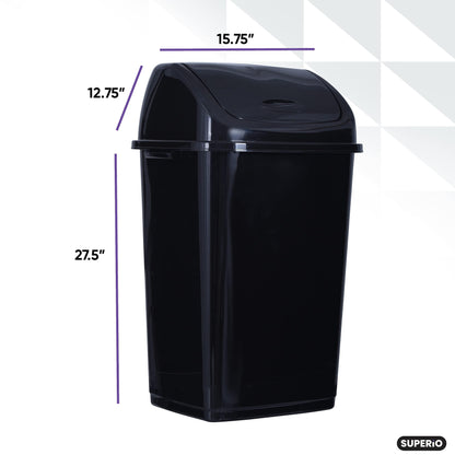 Superio Kitchen Trash Can 13 Gallon with Swing Lid, Plastic Tall Garbage Can Outdoor and Indoor, Large 52 Qt Recycle Bin and Waste Basket for Home, Office, Garage, Patio, Restaraunt (Black) - CookCave