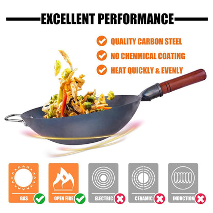 Teewe Carbon Steel Wok Traditional Hand Hammered Wok - 13.4” Chinese Wok Round Bottom Wok Pan Set with 8 Pcs Cookware Accessories - CookCave