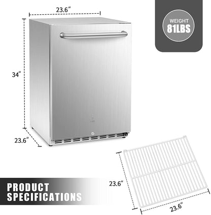 ICEJUNGLE Refrigerator, Single Door, Silver Outdoor Refrigerator 24'' Built-in/Freestanding Compressor Beverage Fridge Refrigerator for Home and Commercial Use - CookCave